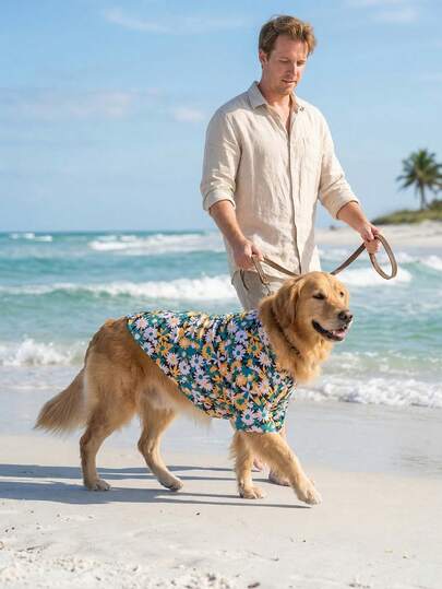 夏季狗狗休闲衬衫 - 透气轻便的狗狗夏季服装，适合小型、中型和大型犬，全印花狗狗服装 - 花朵图案