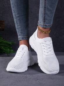 36-44 White Knitted Women's Lace-Up Casual Sports Shoes, Mesh Breathable Lightweight Versatile Outdoor Summer Commute/Walking/Daily/Tennis/Back To School - White - View 5