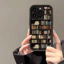 1pc [Android] Bookshelf & Book Vintage Minimalist Creative INS Style European And American Fashion Couple Phone Case, Matte Black Camera Lens Frame Layered Design Full Coverage Anti-Drop Soft Case [International Version, Not Local Version] Compatible With Android/Galaxy A/S/FE/Plus/Ultra/Pro/Note/Poco X/Transsion Hot/Play/Spark/Pop/Smart/Reno/Honor/E/G - Black - View 4