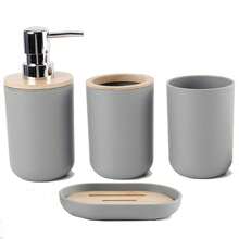 6件套塑料竹制浴室配件套装，包括垃圾桶、皂液器、皂碟、马桶刷架、牙刷架、漱口杯，适合作为生日、节日、乔迁、圣诞节礼物（灰色、黑色、米色、白色） - 彩色 - 查看 17