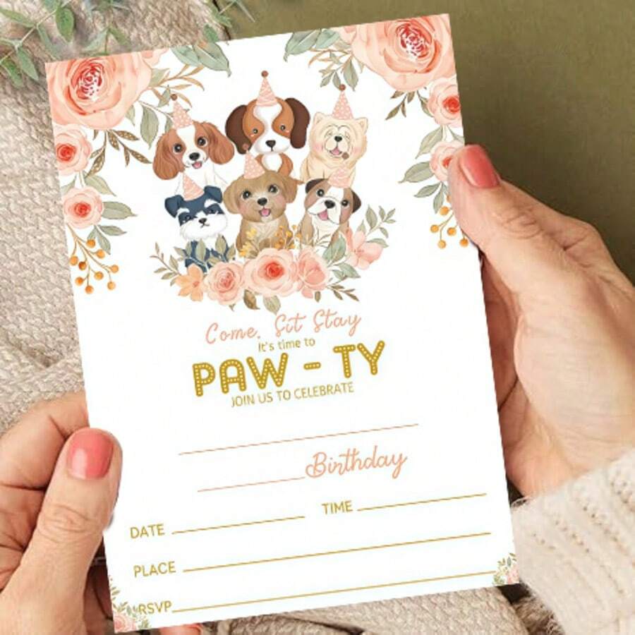 可爱狗狗主题生日邀请卡 - 任选一款，爪印主题派对宠物派对邀请套装 - 花花狗 - 查看 1