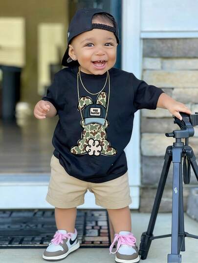 1pc Young BoyCasual Camouflage Rabbit Print Short Sleeve T-Shirt, Comfortable Stretchy Streetwear, Children Outdoor Sports, Easter Bunny Holiday Outfit