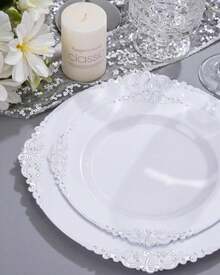 Nervure 350PCS Silver Plastic Dinnerware - White And Silver Disposable Plates For 50 Guests - 100 Disposable Plates, 150 Plastic Silverware, 50 Cups, 50 Napkins For Wedding &Amp; Party - 銀 - 查看 5