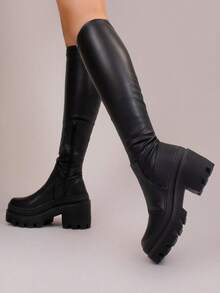Botas Largas De Mujer Con Tacón Grueso Y Suela Dentada, Botas Altas De Piel Sintética Estilo Casual A La Moda Con Cierre Lateral,Botines casuales de mujer cowgirl botas de piso para mujer calzado casual botas estilo botas western cowboy de tacón bajo suela antideslizante acojinadas botas para fiestas texanas desierto jaripeo festivales trabajo escuela botines cortos casuales botines cortos botas womens boots shoes MODA Cremallera lateral ANUDADO Hebilla Vacaciones,Botas altas de mujer estilo ecuestre vintage piel punta fina tacón grueso con cremallera western para oficina y otoño/invierno,Día de San Valentín - Negro - Ver 4