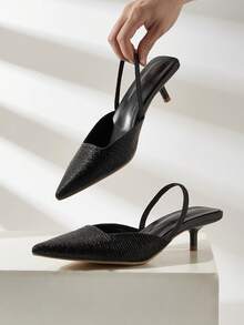 Women's Black Pleated Textured Pointed Toe Kitten Heel Sandals, Elegant Ankle Strap Open Toe High Heels For Commuting, Party, Daily Wear - Black - View 2