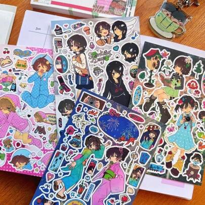 Pegatinas de chica anime japonesa vintage, pegatinas de dibujos animados con tema de día soleado adecuadas para decorar diarios y cuadernos, pegatinas divertidas, suministros para scrapbooking de Kindle, pegatinas para portátil