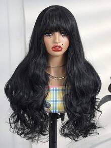 Peruca Trançada Moda Feminina Onda Profunda Cabelo Preto Longo e Encaracolado com Franja Arejada, Fibra Resistente a Alta Temperatura, Tamanho Ajustável, Adequado para Todas as Idades, Estilo de Férias 24 Polegadas - Preto - Visão 3