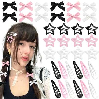 36pcs Valentine's Day Pink Bow Hair Clips, Y2K Star Hair Pins, Women's Metal Snap Hair Clips, Mini Black Satin Bow, Water Drop Non-Slip Hair Clips, Girl Hair Accessories,Summer,Holiday,Travel, Head Accessories