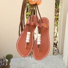 Women's 2026 Spring New Beaded Clip Toe Criss-Cross Strap Roman Sandals - Brown - View 2