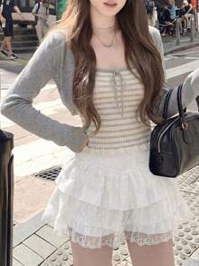 2件套撞色条纹吊带背心配蝴蝶结装饰和开衫毛衣套装，春夏款 - 淺灰色 - 查看 8