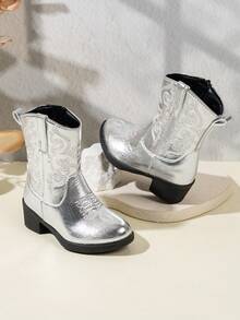 NILOSH 1 Pair Children's Embroidered PU Leather TPR Sole Mid-Calf Boots, Fashionable Spring/Autumn Style - Silver - View 2