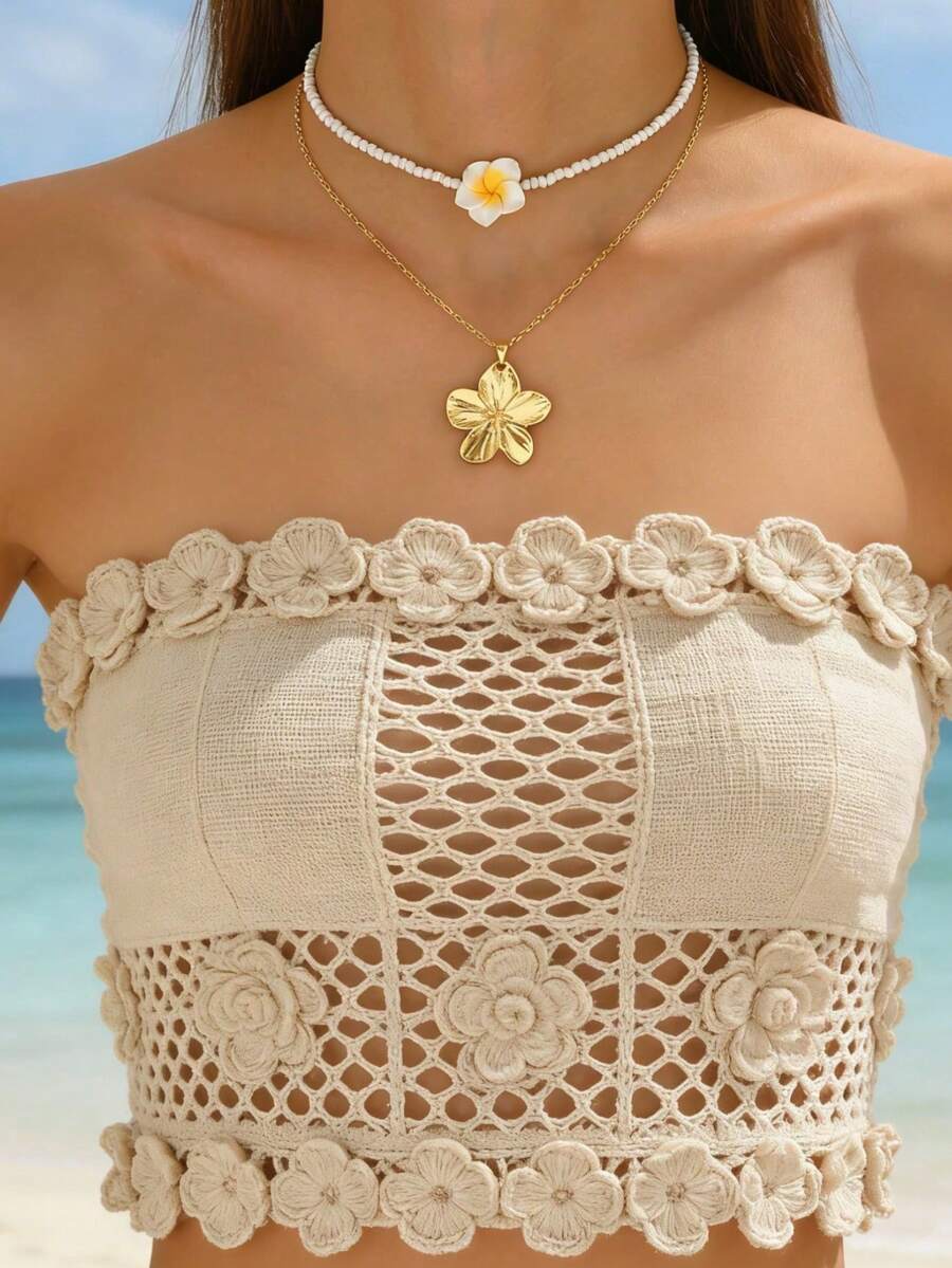 两件套时尚百搭的夏威夷软陶鸡蛋花珠链项链，适合女性日常佩戴和海滩度假。 - 金色 - 查看 1