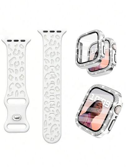 一套三合一时尚新款硅胶雕花豹纹表带及表壳保护膜，镶嵌钻石，适用于 38mm 40mm 41mm 45mm 44mm 42mm 49mm，以及 Ultra系列Ultra 9 8 7 6 5 4 3 2 1 SE，舒适透气替换表带，防刮防水防震，男女通用。