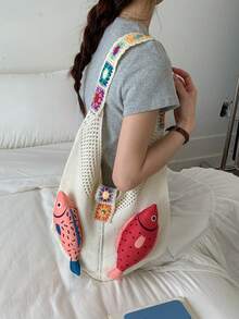 1. 休闲度假风大容量鱼形单肩包；女士钩编波西米亚风单肩包，非常适合海滩、度假和日常使用 - 白色 - 查看 4