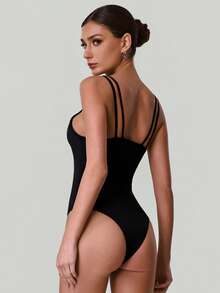 女士高弹力修身性感吊带露背连体衣休闲运动瑜伽舞蹈连体衣带胸垫 - 黑色 - 查看 8