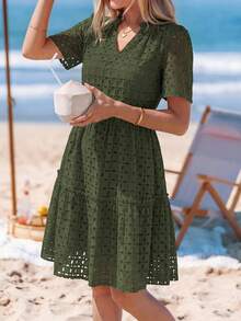 PRETTYGARDEN Women's Summer Dress V-Neck Hollow Eyelet Ruffle A-Line Hem Elegant Short Casual Wedding Graduation Travel Beach Holiday Vacation Army Green Dresses For Women - 軍綠色 - 查看 4