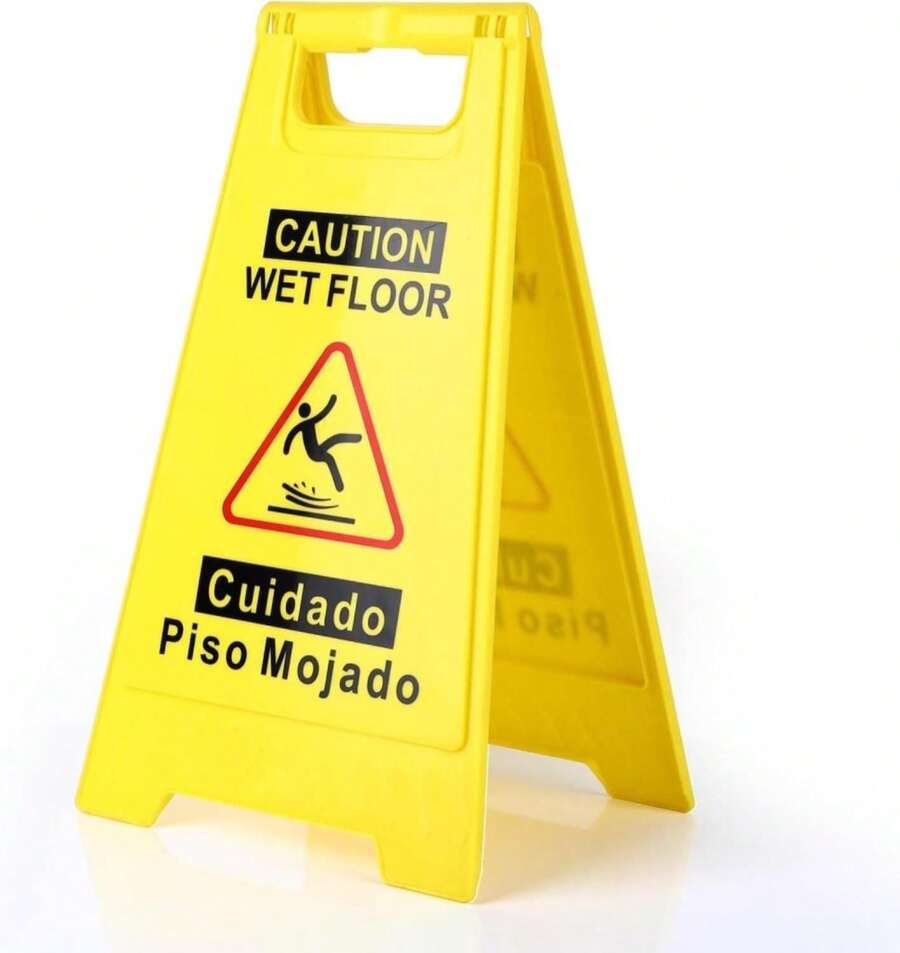 WOUSEDO 1-Pack Caution Wet Floor Sign,17.5" Height,Bright Yellow Double-Sided Folding A-Shaped Frame Design, Bilingual Caution Message - ColorA - View 1