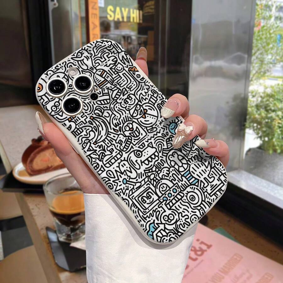 Painted Graffiti 1pc Fashion Line Doodle Pattern Asymmetrical Cream ...