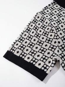 Men's Casual Geometric Pattern Loose Fit Polo Shirt, Business Stylish Short Sleeve Knit Top, Spring/Summer - Black - View 8