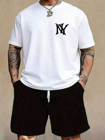Hombre 002y007 | 2 piezas | Camiseta casual de manga corta con cuello redondo y pantalones cortos con cinturón y tirantes, conjunto de Vestido masculino ideal para el día a día y estilos de vacaciones.Camisa de hombre de talla amplia con emblema "NY" elegante y versátil para cualquier ocasión