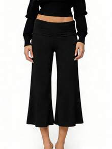 Women Solid Color Fold Over Capri Casual Low Rise Straight Wide Leg Cropped Pants Vintage Polka Dots Stripes Printed Three Quarter Trousers Gym Yoga Workout Lounge Wear Bottoms - màu đen - Xem 1