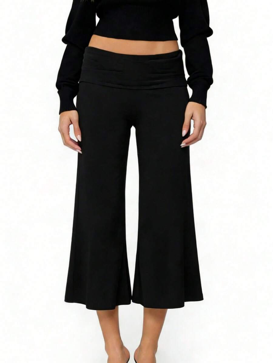 Women Solid Color Fold Over Capri Casual Low Rise Straight Wide Leg Cropped Pants Vintage Polka Dots Stripes Printed Three Quarter Trousers Gym Yoga Workout Lounge Wear Bottoms - màu đen - Xem 1