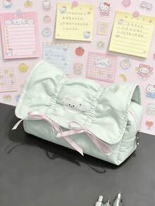 1个薄荷绿蓬松铅笔盒，带可爱猫咪贴片和粉色蝴蝶结，大容量荷叶边美观笔袋，尼龙材质，适合青少年女孩和学生的文具收纳包 - 1個 可愛薄荷色蝴蝶結帳袋 - 查看 3