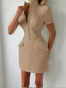 Vestido de blazer formal de negocios elegante con cintura ceñida, adecuado para uso diario, oficina, viajes de verano - Caqui - Ver 4