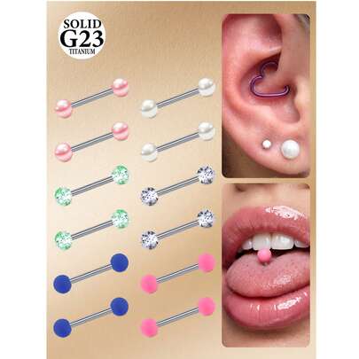 CIZME 12 chiếc khuyên lưỡi hình cầu nhiều màu sắc cỡ 14G, làm bằng hợp kim titan, dạng thanh thẳng, có chức năng giữ khuyên núm vú, chiều dài thanh 12mm, 14mm, 16mm, 18mm, phù hợp cho cả nam và nữ.