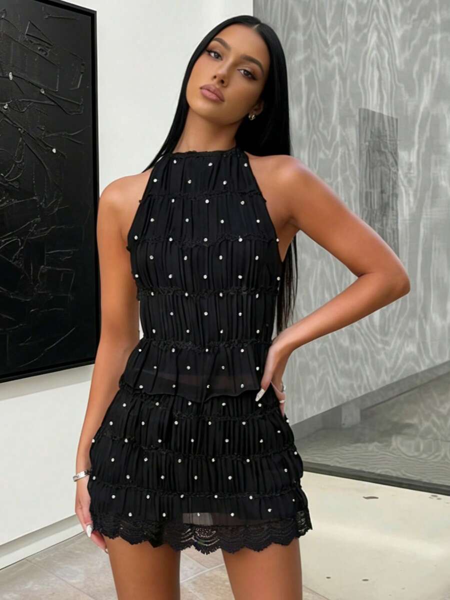 Women's 2 Piece Outfits Smocked Mini Skirt Set Casual Sleeveless Backless Smocked Halter Neck Tie Up Crop Top + Bodycon Short Mini Skirt Set Cocktail Party Beach Dress - 黑與白 - 查看 1