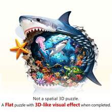 1件裝 Shark Alert 木製不對稱拼圖，動物造型2D拼圖玩具，適合兒童與成人，教育遊戲，派對、節日、聖誕與生日禮物，獨特魔幻桌面裝飾創意木製拼圖禮品 - 彩色 - 查看 7