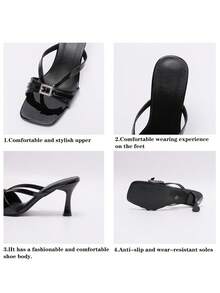 French Mesh Stiletto High Heel Sandals, Black Square Rhinestone Buckle, Open Toe Heeled Slippers For Summer, Elegant New Design - Black - View 8
