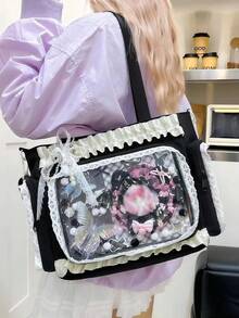 Ita Crossbody Tote Bag, Pin Display With Insert Large Messenger Bag, Cute Tote Bag With Zipper Ruffle, Japanese Aesthetic Y2k - 黑色 - 查看 9