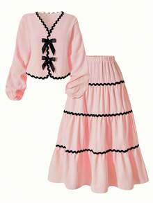 Elegant Sweet Girls' Mid-Length Dress Set, Including Long Sleeve Top With Ruffle Bow, Paired With Multi-Layered Mid-Length Skirt. This Fashionable Casual Outfit Is Suitable For School, Gatherings, Vacation And Travel In Spring And Autumn. - Pink - View 1