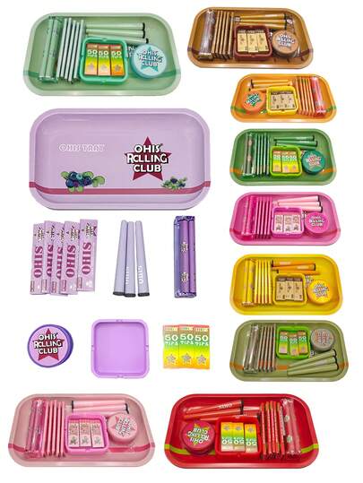 OHIS 15件套吸烟配件，方便时尚经典大套装，包含：1个27cm*16cm托盘、1个双层研磨器、1个8cm*2.3cm烟灰缸、3个锥形储物管、160张110mm卷烟纸、150张滤纸、1个110mm图案卷烟器、9种颜色组合配件。实用多件套，是节日、生日、情人节、圣诞节、派对的理想之选，也是送给男女朋友的创意礼物。