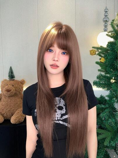 alicegarden 28-Inch Long Synthetic Wig Featuring A Natural Straight Style A Stunning Mocha-Brown. Designed With Bangs , It Is Crafted From Heat-Resistant Fiber To Ensure Durability. This False Hairpiece Is Perfect For Daily Use, Offering A Natural And Realistic Appearance That Mimics. (Excluding Accessories)