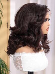 16 Zoll schwarze lockige wellige Synthetik-Lace-Front-Perücke, geeignet für Anfänger, hitzebeständig, verwendbar für Musikfestivals, Alltagstragen, Familienfeiern, Feiertage, Partys, Valentinstag und andere Anlässe - Kaffeebraun - Übersicht 4