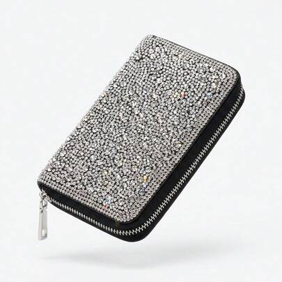 Shiny Silver Crystal Small Wallet With Secure Zip