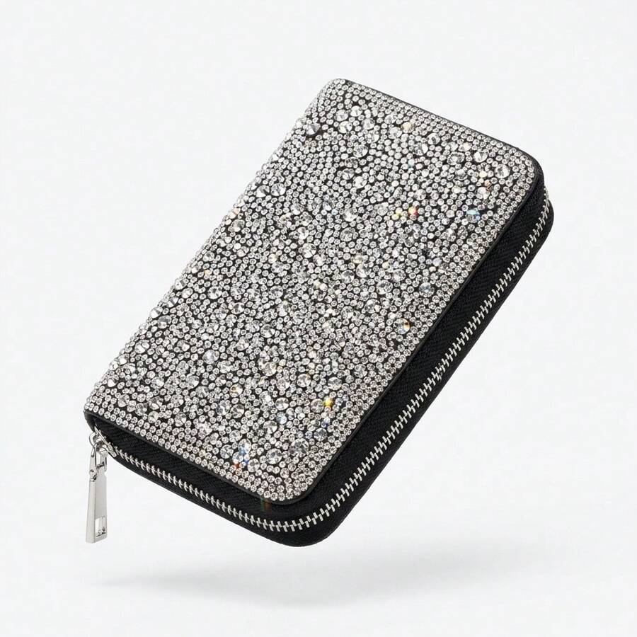 Shiny Silver Crystal Small Wallet With Secure Zip - Black - View 1