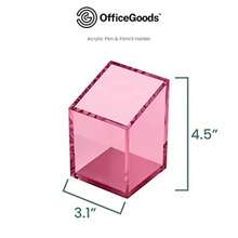 OfficeGoods Acrylic Pen and Pencil Holder - Modern Trapezoid Design - Beautiful Desk Organizer for Home or Office - Contrasting Metal Base - 3" Square w/ 3.5" Front and 4.5" Back - Pink - Rosa - Ver 2