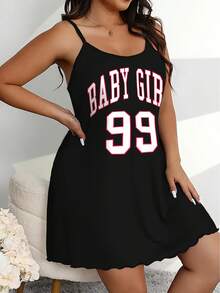 Plus Size Women's Letter Print Casual Comfortable Round Neck Camisole Dress Nightgown - 灰色 - 查看 6