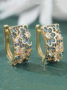 1 Pair Women's Vintage Blue & Cubic Synthetic Zirconia Hoop Earrings - Multicolor Flower & Leaf Hoops With Blue/Green/White/Gold Color/Grey, Sparkling Party Wedding Jewelry Gift For Christmas, Anniversary - Earrings - View 7