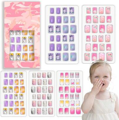 120 piezas, 5 paquetes de uñas postizas acrílicas para niños, uñas a presión con pegamento previo, cobertura completa, con purpurina, puntas de uñas postizas, uñas artificiales cortas con dibujos animados, kits para niñas pequeñas, decoración artística encantadora (Unicornio)