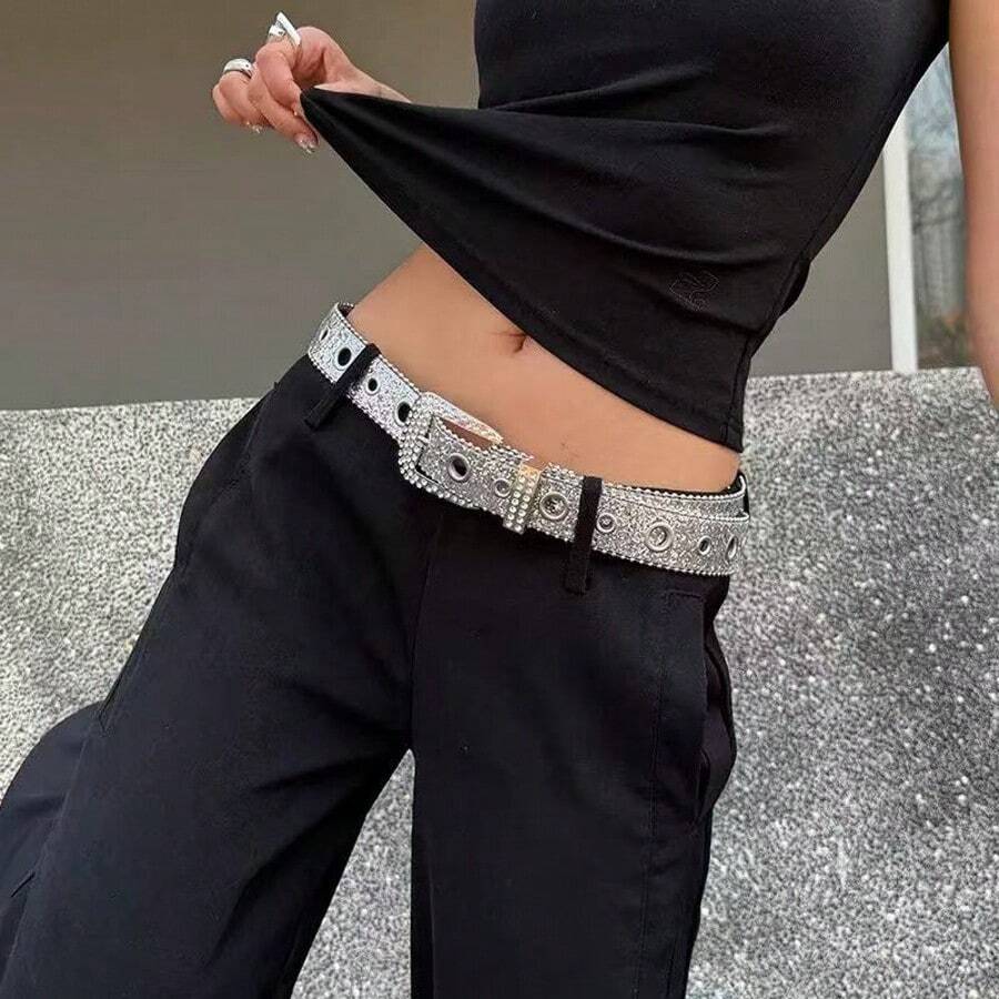 1pc Women's Rhinestone & Hollow Sequin Y2K Style Belt, Suitable For Halloween, Summer, School Autumn Occasions - Silver - View 1
