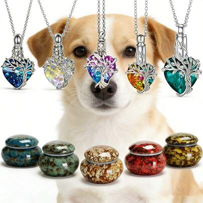 2件套生命之树心形骨灰盒项链，男女通用，骨灰瓶吊坠，亲人纪念首饰套装