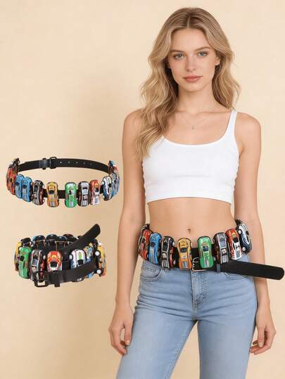 Women's Colorful Small Racing Car Model Pin Buckle Belt, Retro Y2K Millennial Punk Hot Girl Style, Versatile Jeans Waist Chain, Suitable For Shopping And Taking Photos.