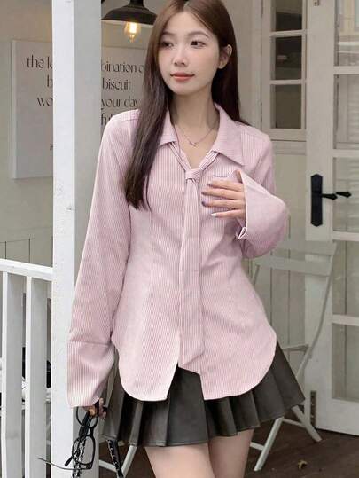 女士休闲条纹纽扣长袖衬衫，配系带，粉色，春季款
