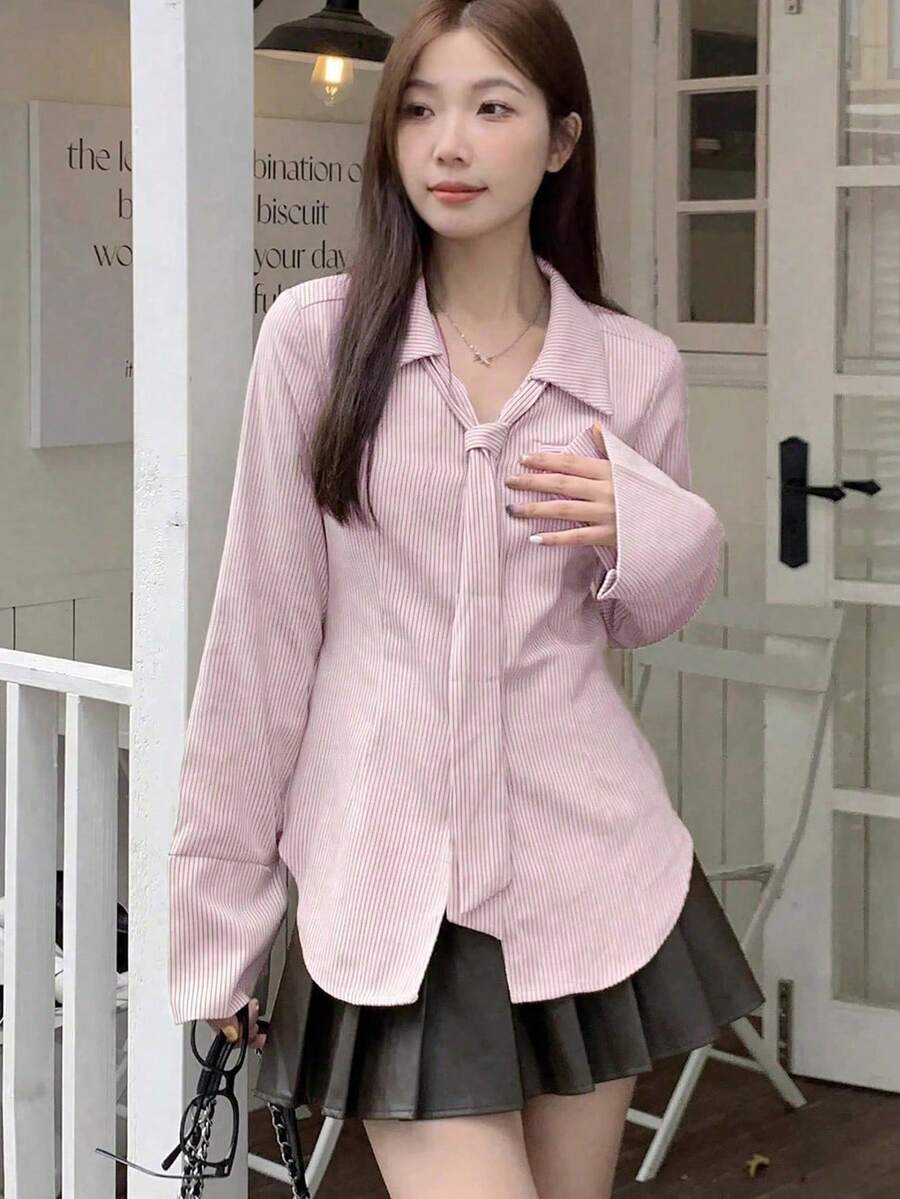 女士休闲条纹纽扣长袖衬衫，配系带，粉色，春季款 - 粉色 - 查看 1