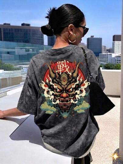 Japanese Mask Pattern Tee For Teenage Girls, Regular Fit Vintage Distressed Style, Comfortable Ukiyo-E Aesthetic Short Sleeve Top, Cool Streetwear Pinterest Style Clothing