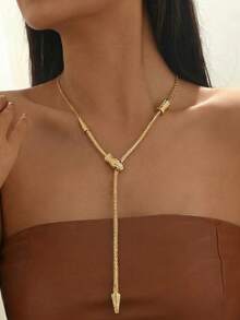 1pc Summer Creative Y-Shape Women Necklace, Retro Punk Hip-Hop Style Hollow Chain Snake Pendant Long Sweater Chain Necklace, Daily Wear Gift Versatile Accessory - Golden - View 1